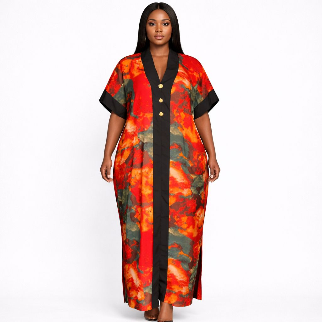 Womens Abstract Print Button Front Maxi Dress